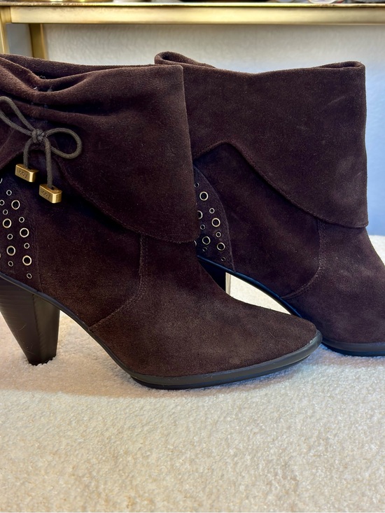 libby. edelman Shoes - libby. edelman Dark Brown Suede Fold-Over Ankle Booties with Grommet Detail